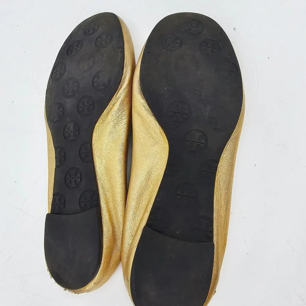 Tory Burch Minnie Gold Leather ballet flat Shoes gold logo medallion Women's 9